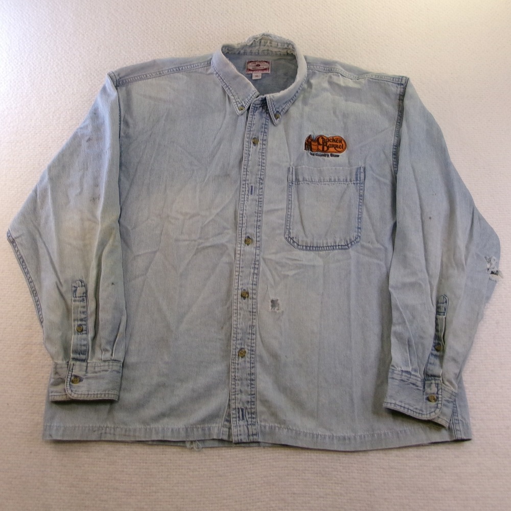 Vintage Cracker Barrel Denim Shirt XL Distressed Frayed Light Wash Workwear Y2K